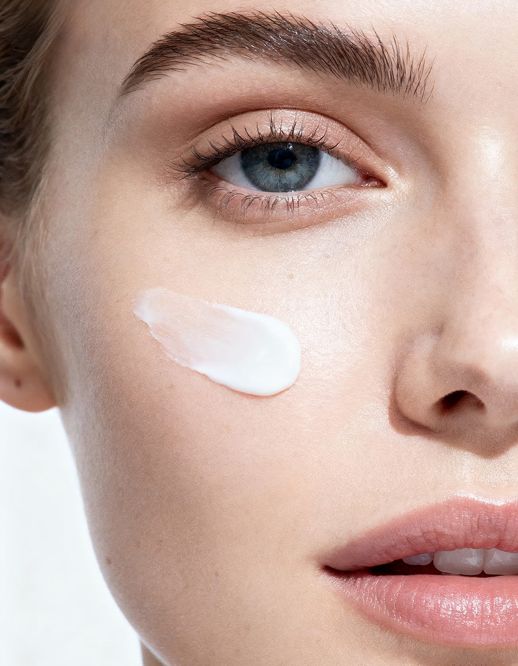 MD Extra White before-and-after photo on woman’s cheek showing brightening, moisture, and sun protection