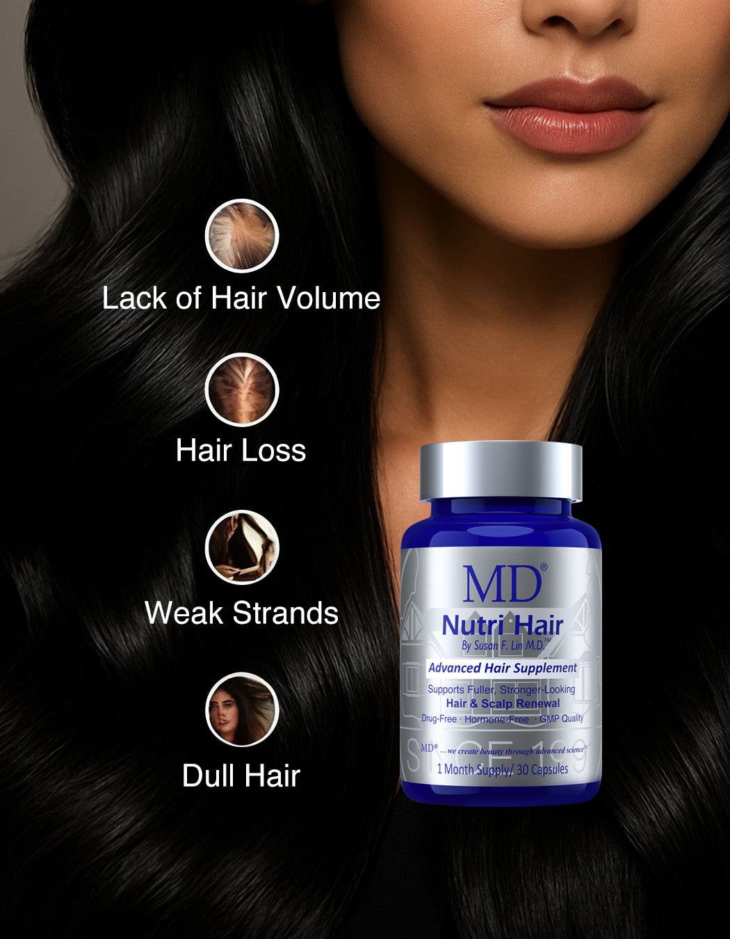 Graphic showing common hair concerns—lack of volume, hair loss, weak and dull hair—with MD® Nutri Hair supplement on the right as clean, drug‑free hair growth solution from MD Hair