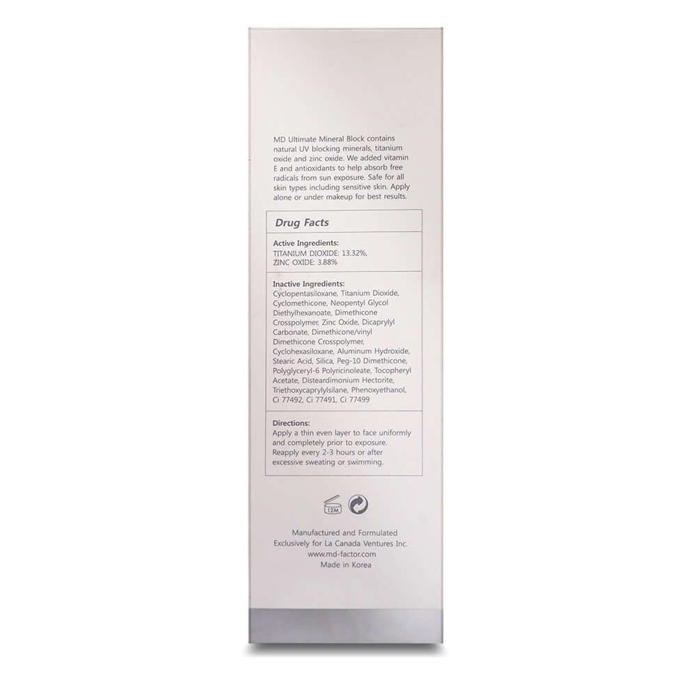 MD Ultimate Anti-Aging Mineral Sunblock ingredient list, drug facts, and instructions for use.