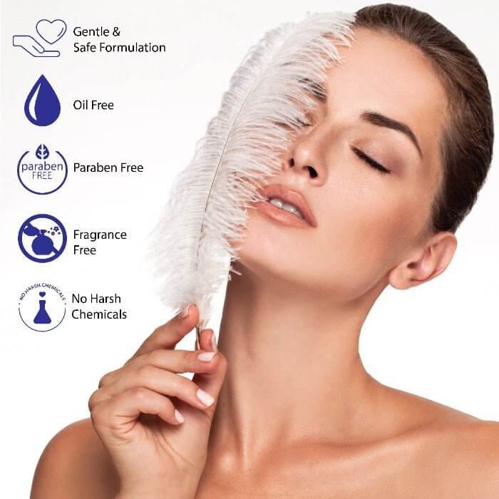 Model showcasing gentle and safe skincare formulation, free from oil, parabens, fragrance and harsh chemicals.