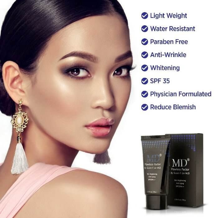 Key benefits of MD Flawless Factor: lightweight, water-resistant, SPF 35, anti-wrinkle, whitening, paraben free, blemish-reducing, physician formulated