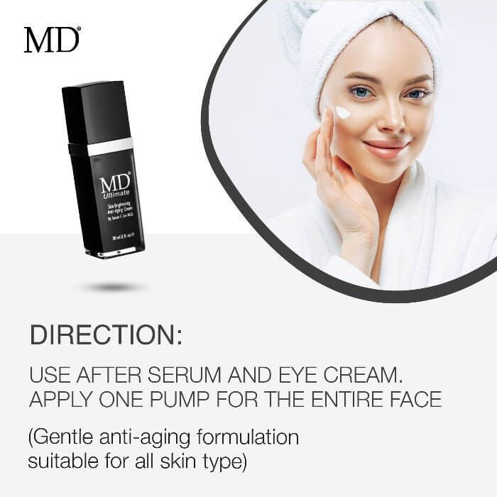 Directions: Use MD Skin Brightening Cream after serum and eye cream – apply one pump to entire face daily
