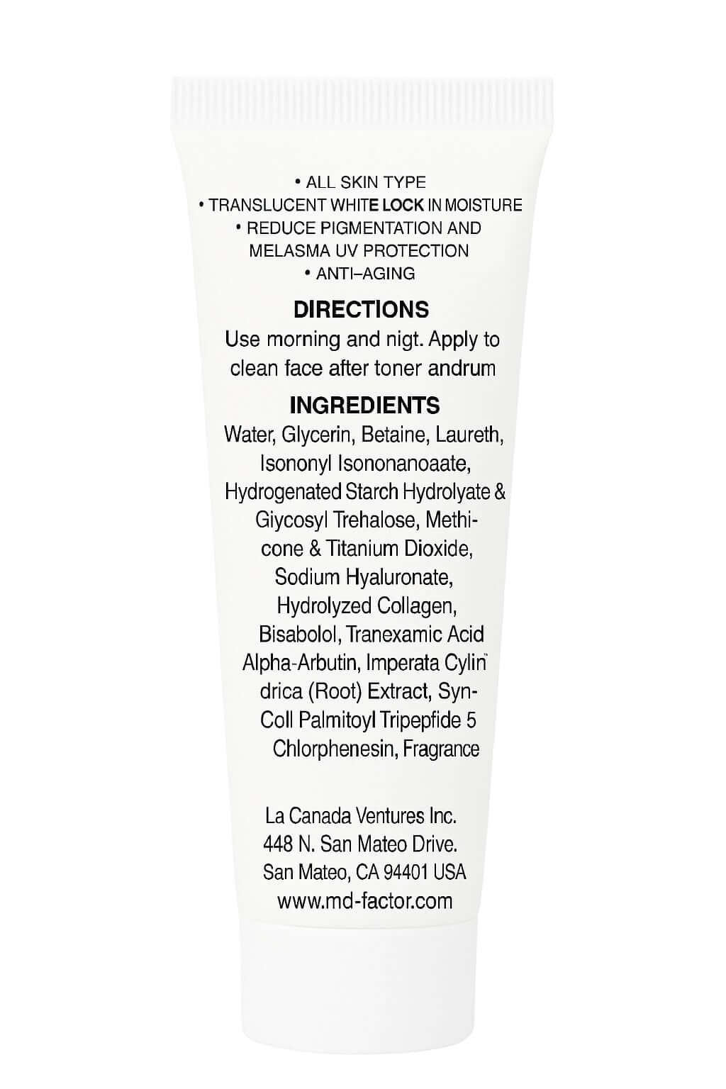 Back view of MD Extra White  Brightening Serum – MD Skin collection. Shows product benefits: suitable for all skin types, translucent white texture, locks in moisture, reduces pigmentation and melasma, provides UV protection, and supports anti-aging.