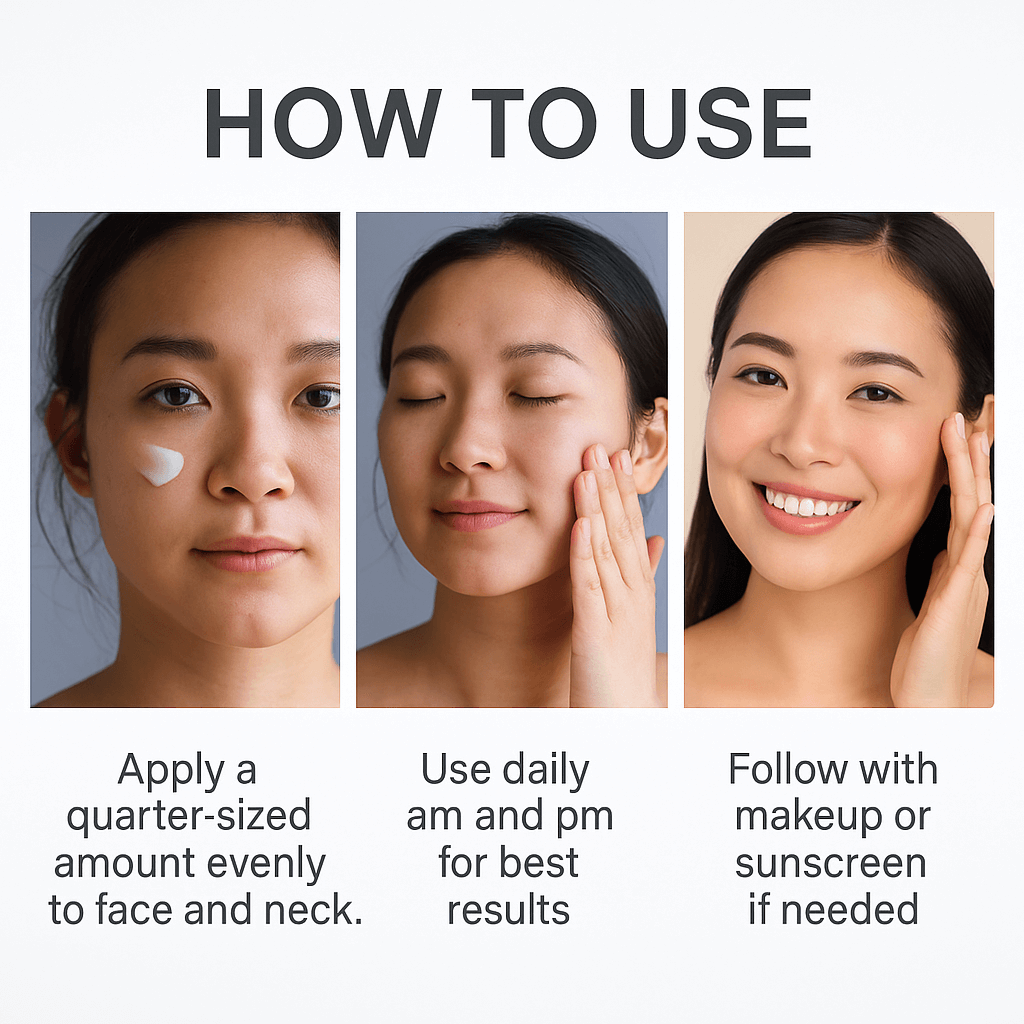 Step-by-step guide on how to use a skincare product with three stages shown.