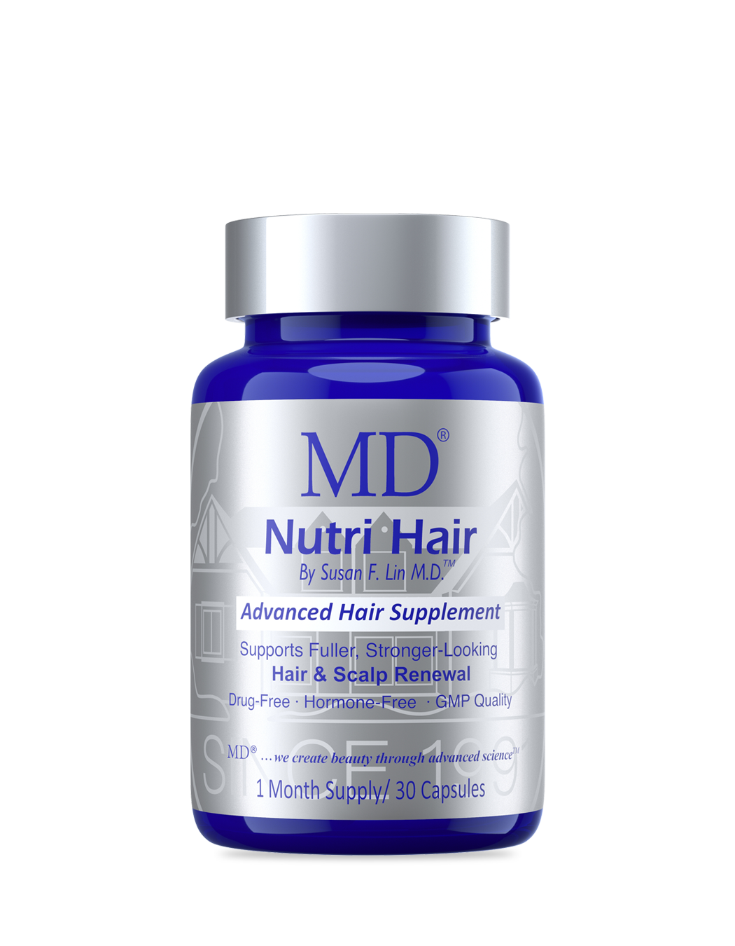 MD Nutri Hair daily supplement bottle by MD Hair. Physician-formulated DHT inhibitor with Lilac extract for hair density