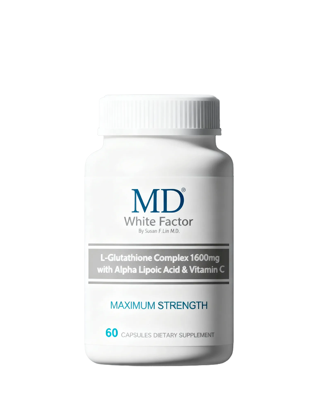 MD White Factor 1600mg glutathione supplement bottle for skin brightening and antioxidant support