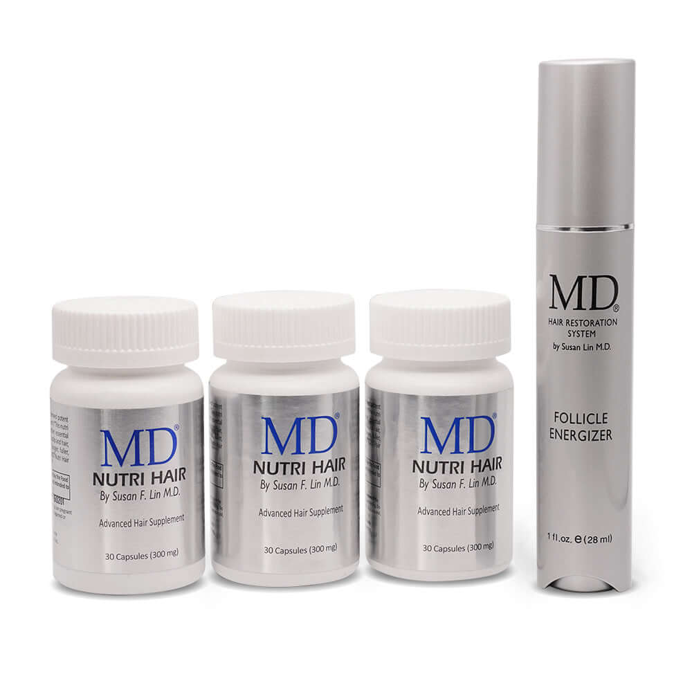 MD NutriHair Auto-Ship 3-bottle set with free Follicle Energizer bonus shown together for hair growth and scalp support.
