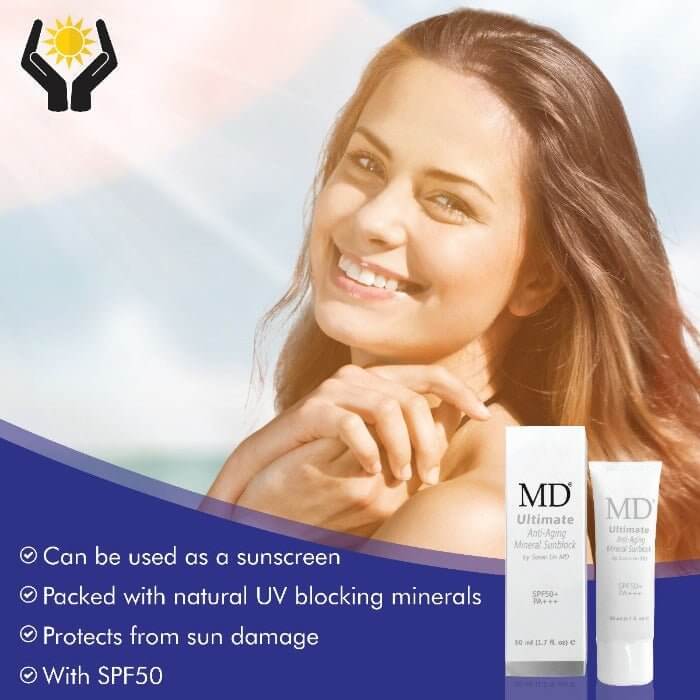 MD Ultimate Anti-Aging Mineral Sunblock SPF 50 protects skin with natural UV-blocking minerals, ideal for anti-aging benefits.