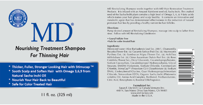 Photo of MD® Revitalizing Treatment Conditioner product label – showing full ingredient list and directions for use, part of the MD Hair system for thinning hair and scalp health