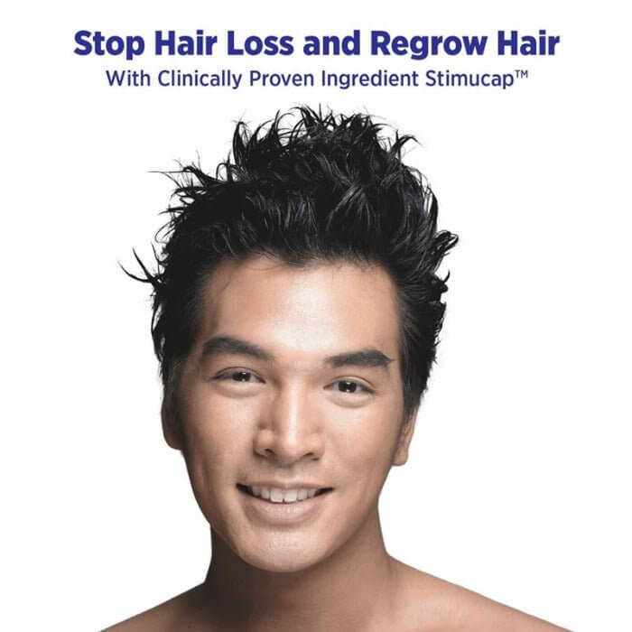Photo of male model with full, healthy hair – promotes message: stop hair loss and regrow hair with clinically proven StimuCap® peptides, part of the MD® Hair system