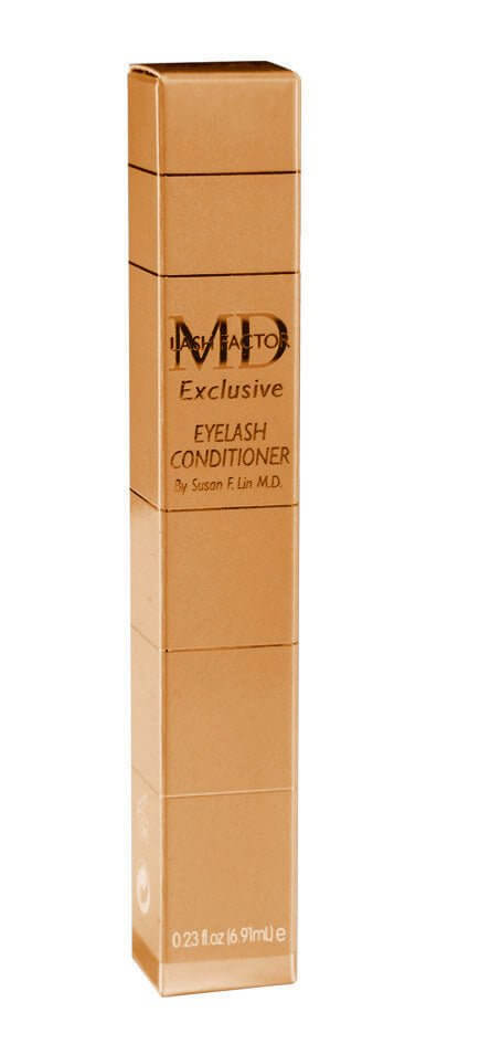 Front panel of MD Lash Factor® Gold Edition Eyelash Growth Serum 6.91ml gold box – luxury lash conditioner packaging by MD Lash